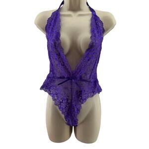 Romantic Purple Lace Deep V Bodysuit Lingerie Womens Large